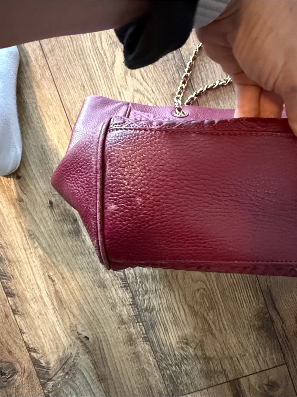 Tory Burch Quilted Leather Tote in Burgundy with Gold Chain Straps